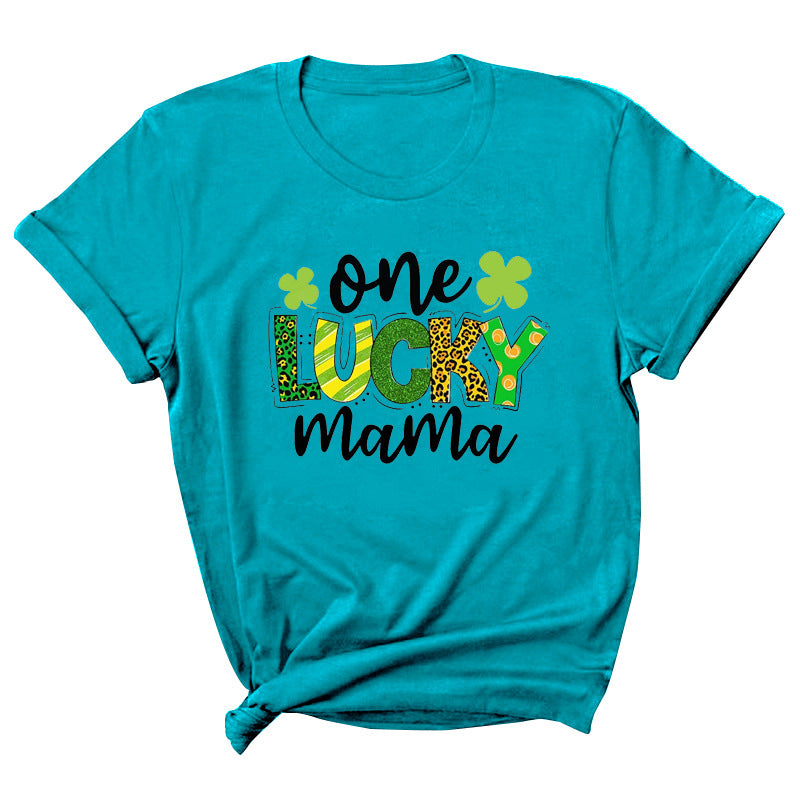 Camiseta informal de manga corta con cuello redondo y estampado de letras "One Lucky Mama" para mujer