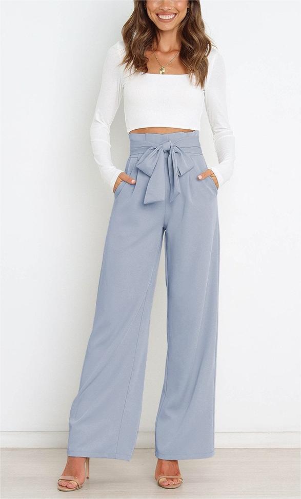 Pantalones casuales de cintura alta con lazo y cordones de color liso a la moda para mujer
