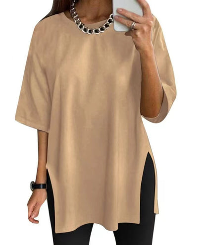 Summer Women Casual Solid Color Round Neck Short Sleeve Split T-Shirt