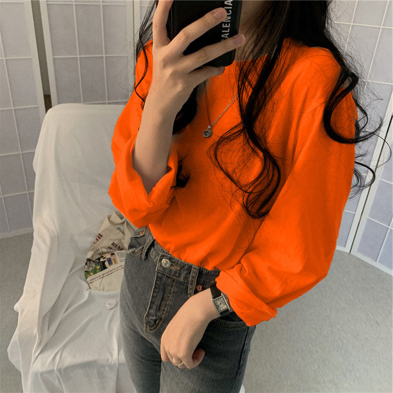 Camiseta informal de manga larga con cuello redondo y color liso para mujer