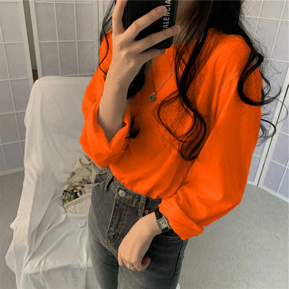 Camiseta informal de manga larga con cuello redondo y color liso para mujer
