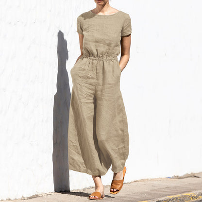 Summer Solid Color High Waist Sleeveless Women Fashion Casual Loose Jumpsuits