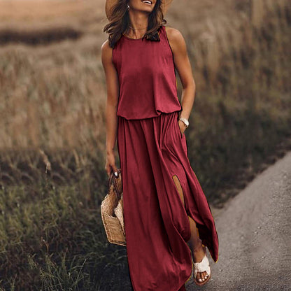 Summer Women Casual Basic Round Neck Sleeveless Side-slit Solid Color Long Dress