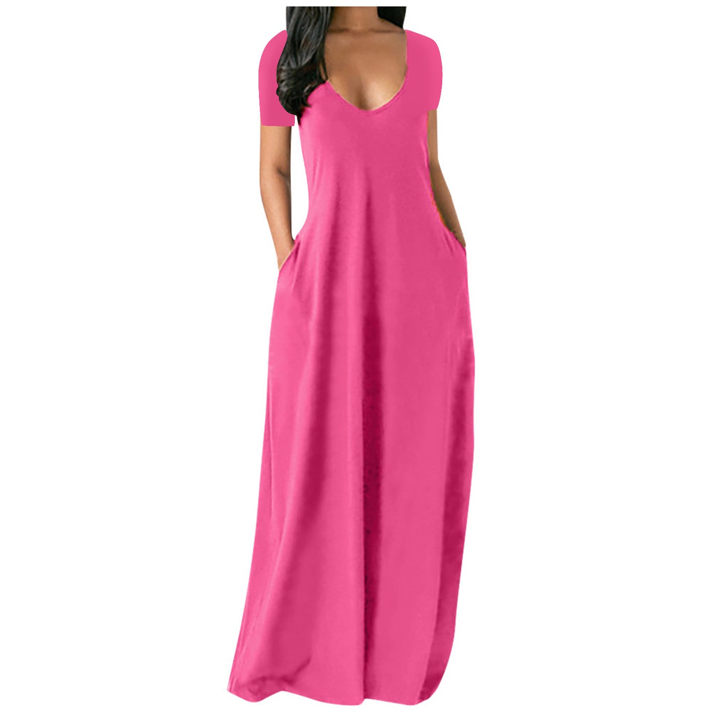 Summer Plus Size Women Basic Solid Color Casual V Neck Short-Sleeved Maxi Dress With Pockets