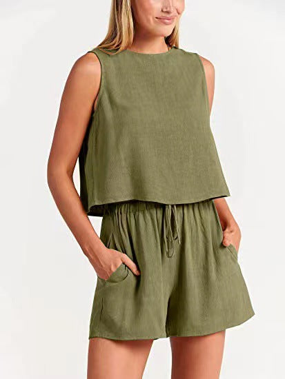 Conjunto de dos piezas formado por camiseta sin mangas y pantalones cortos de cintura alta, para mujer, estilo informal, para vacaciones de verano