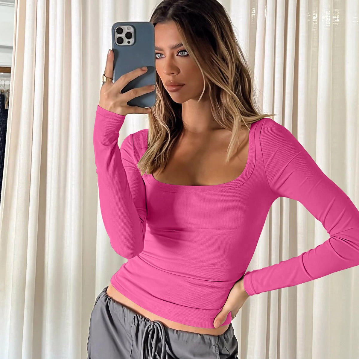 Camiseta de punto informal de manga larga con cuello en U y color liso para mujer