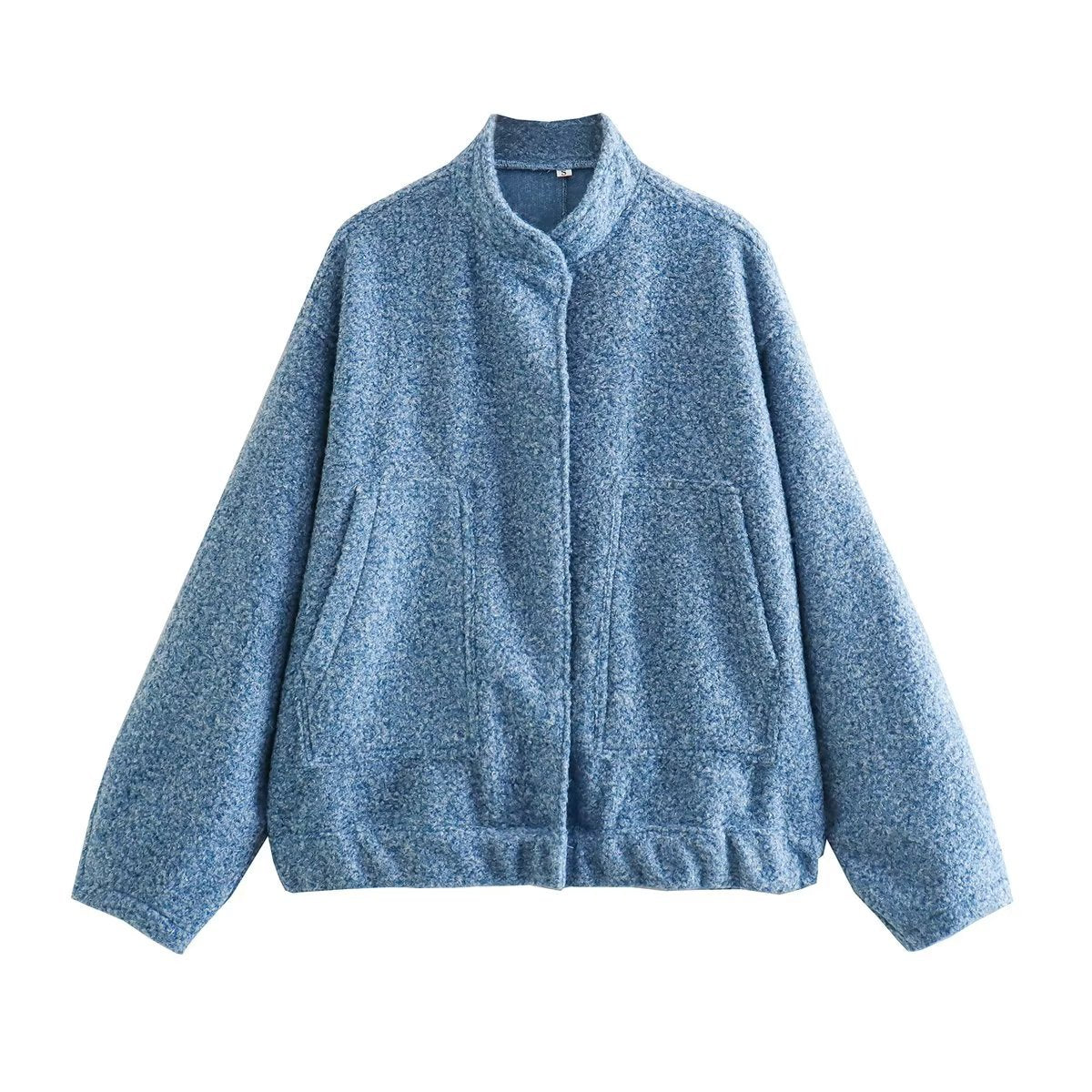 Chaqueta holgada informal de color liso con cuello alto para mujer