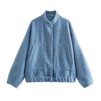 Chaqueta holgada informal de color liso con cuello alto para mujer