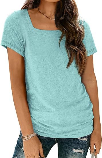 Camiseta informal de verano para mujer, con cuello cuadrado, color liso, manga corta y sin mangas