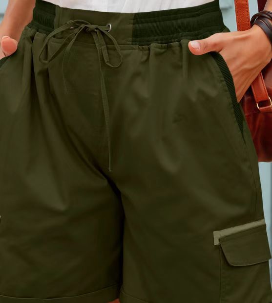 Women Fashion Casual Solid Color Cotton And Linen High Waist Drawstring Shorts