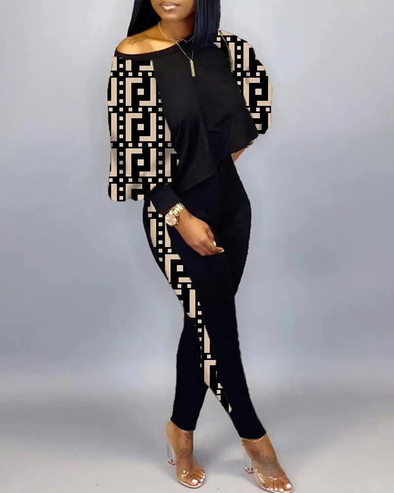 Conjunto de top holgado y pantalones ajustados con estampado gráfico informal de moda para mujer