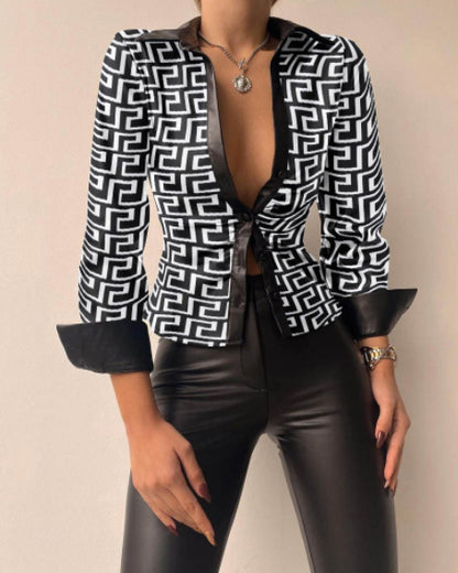 Blusa informal de manga larga con cuello en V y solapa para mujer
