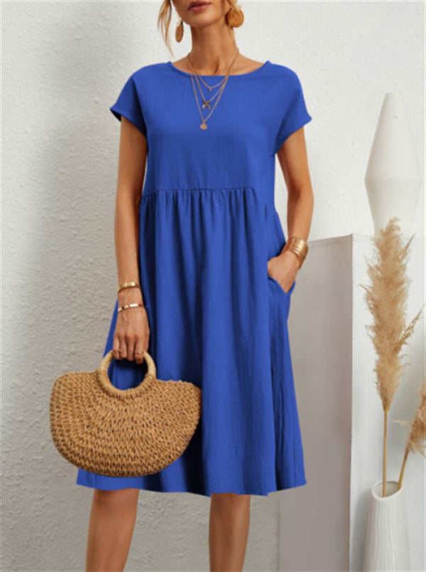 Fashion Summer Women'S Round Neck Solid Color Casual Short Sleeve Dress
