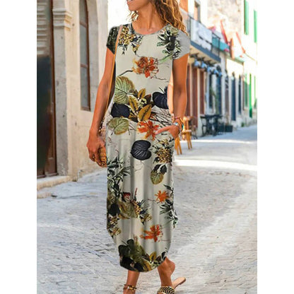 Vestido largo informal de manga corta con cuello redondo y estampado floral geométrico para mujer