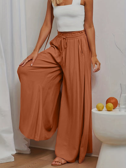Women Fashion Casual Loose Solid Color Drawstring High-Waist Wide Leg Pants
