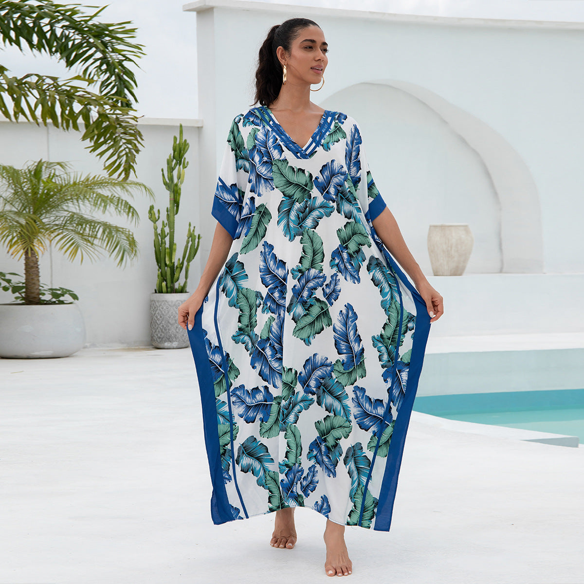 Traje de baño de playa holgado con cuello en V y estampado informal para mujer