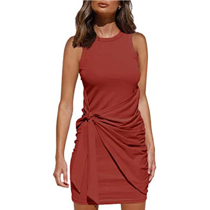 Vestido informal sin mangas con lazo de color liso a la moda para mujer