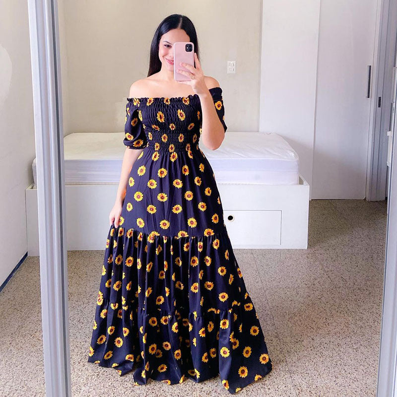 Summer Vacation Women Rainbow Color Floral Butterfly Large Swing Off Shoulder Casual Maxi Dress