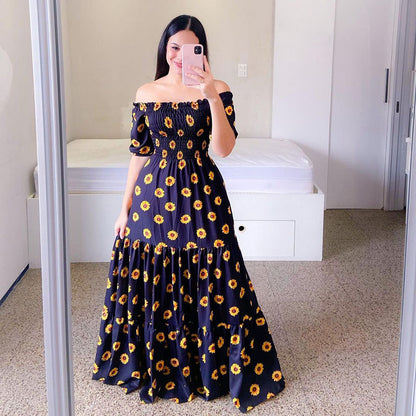 Summer Vacation Women Rainbow Color Floral Butterfly Large Swing Off Shoulder Casual Maxi Dress