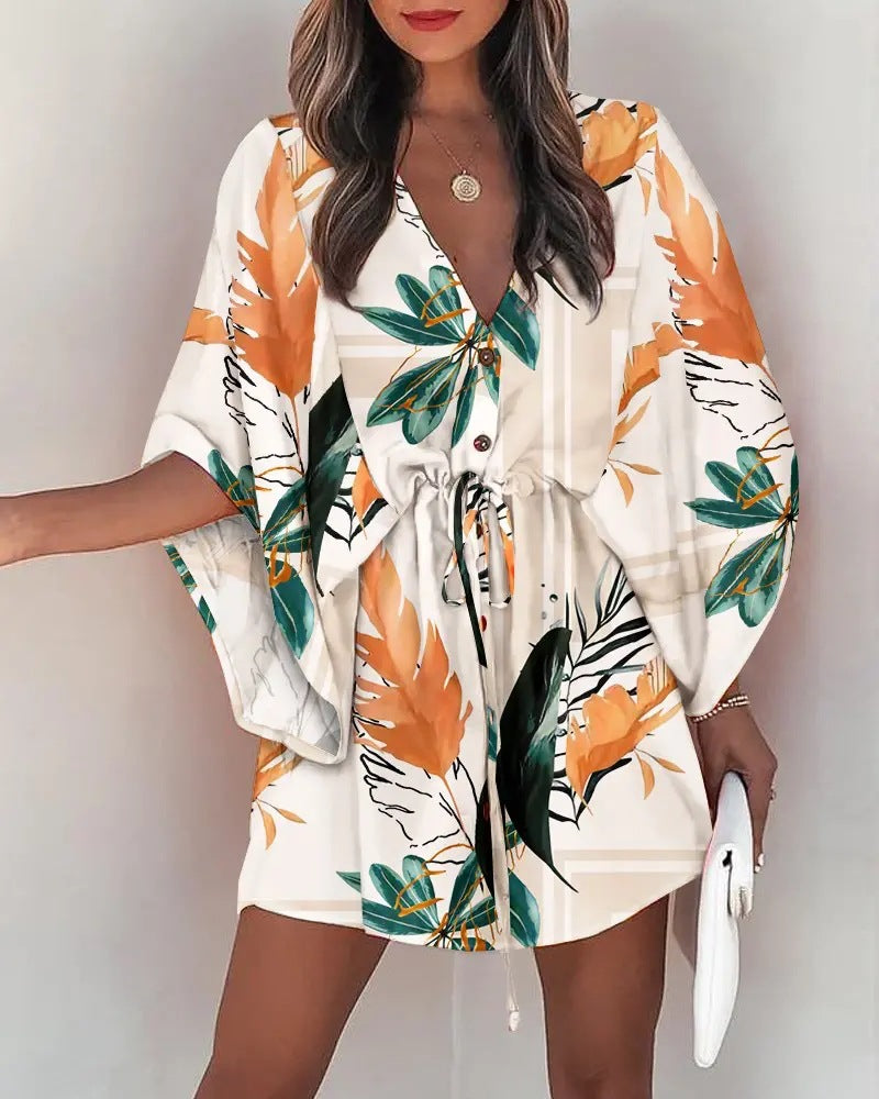 Women Elegant Bohemian Summer Short Sleeves V Neck Casual Bandage Holiday Dress