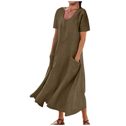 Women Casual Solid Color Cotton Linen Round Neck Short Sleeve Loose Dress