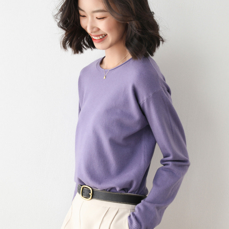 Women Fashion Casual Solid Color Round Neck V-Neck Long Sleeve Sweater