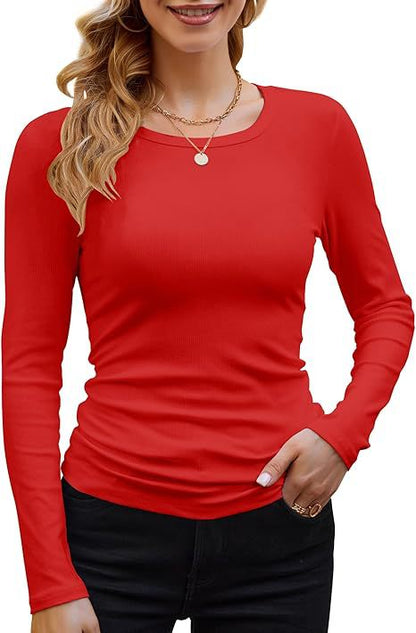 Camiseta informal de manga larga con cuello redondo y ribete de color liso para mujer