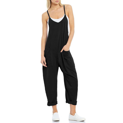 Women Casual Solid Color Pocket V Neck Loose Spaghetti Strap Jumpsuit
