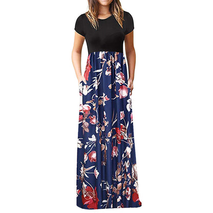 Vestido largo informal de manga corta con cuello redondo y estampado floral para mujer