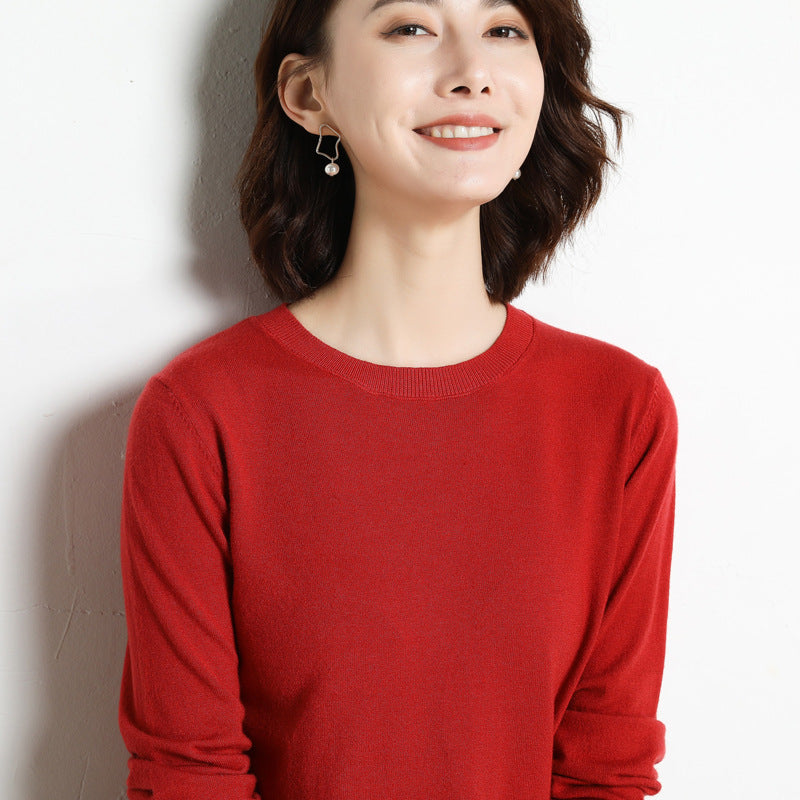 Women Simple Casual Solid Color Round Neck Long Sleeve Knitted Sweater