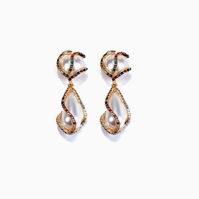 Multicolor Pearlized Pendant Earrings with Colorful Rhinestones