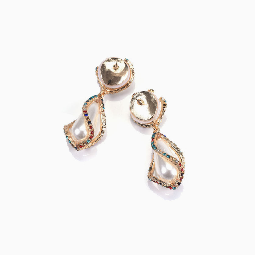 Multicolor Pearlized Pendant Earrings with Colorful Rhinestones