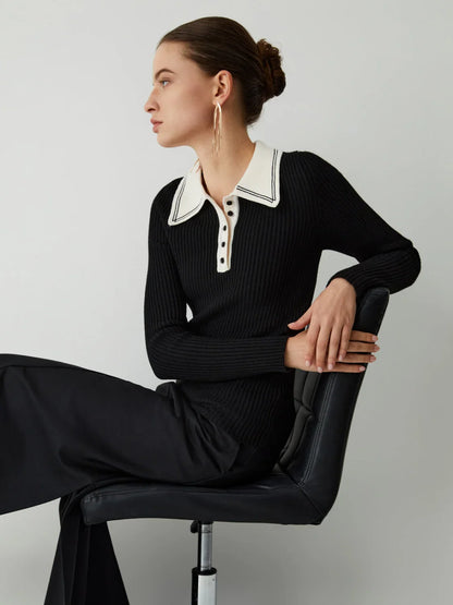 Contrast Collar Quarter Button Modern Long Sleeve Knit Top