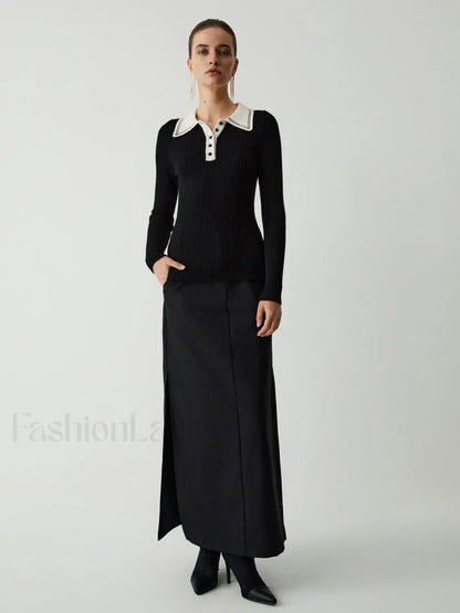 Contrast Collar Quarter Button Modern Long Sleeve Knit Top