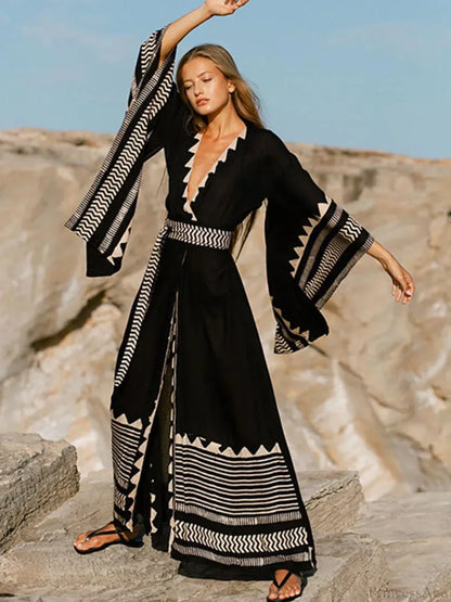 Contrast Color Long Sleeve Bikini Cover Up
