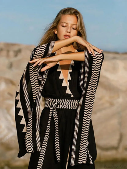 Contrast Color Long Sleeve Bikini Cover Up