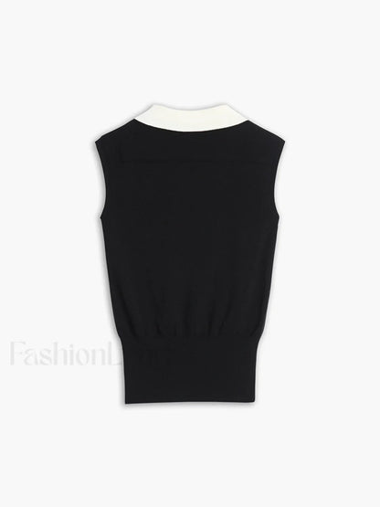 Contrast Trim Collar Trendy V-neck Knit Sweater Vest