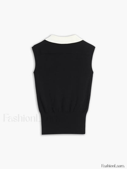 Contrast Trim Collar Trendy V-neck Knit Sweater Vest