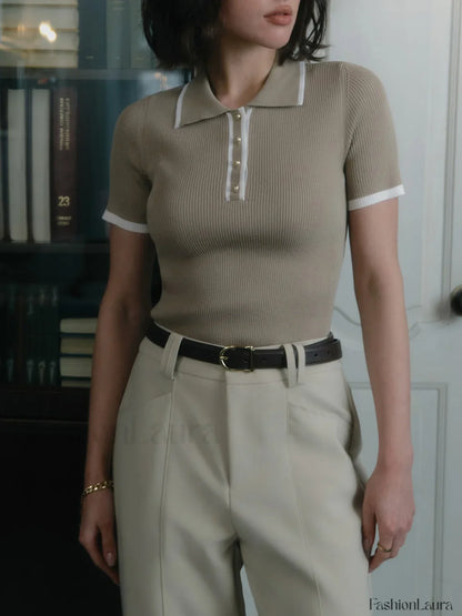 Contrast Trim Metal Trendy Button Knit Top