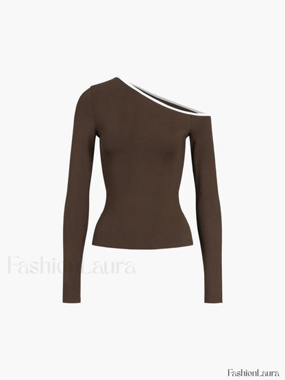 Contrast Trim Off Trendy Shoulder Long Sleeve Shirt