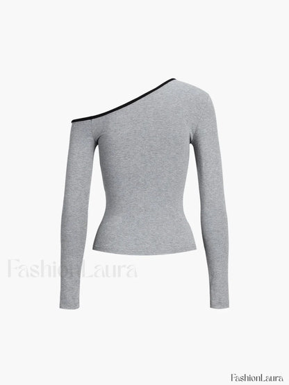 Contrast Trim Off Trendy Shoulder Long Sleeve Shirt