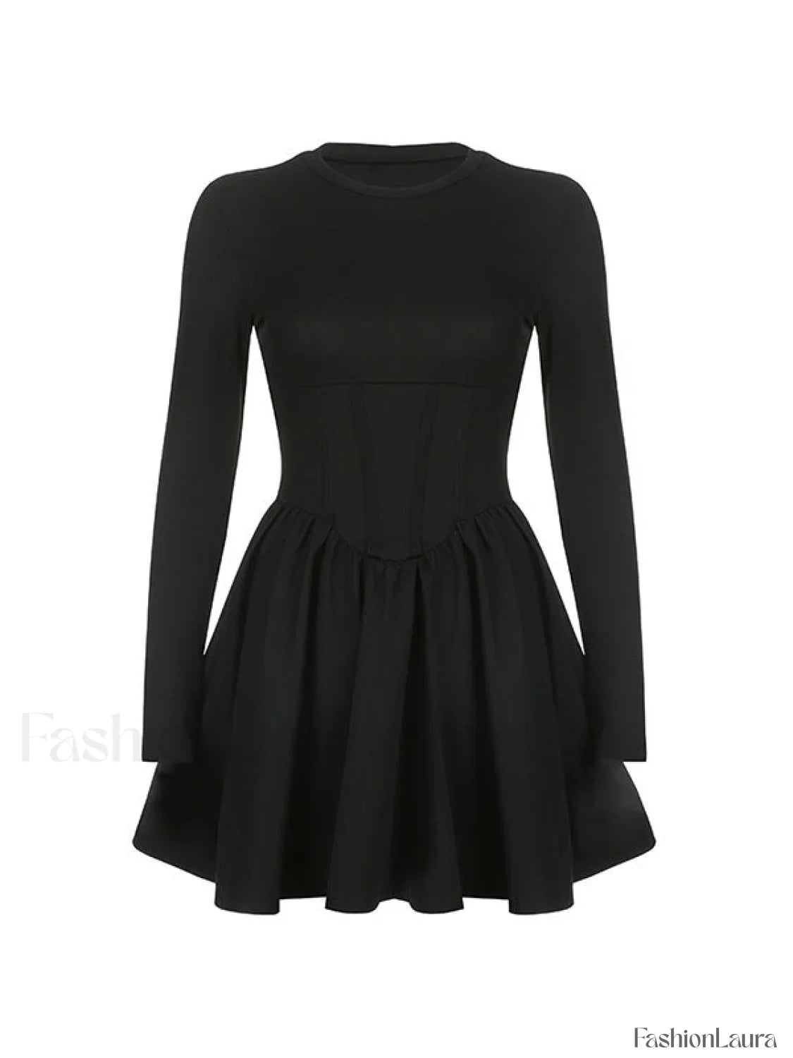 Corset Detail Black Long Sleeve Mini Dress