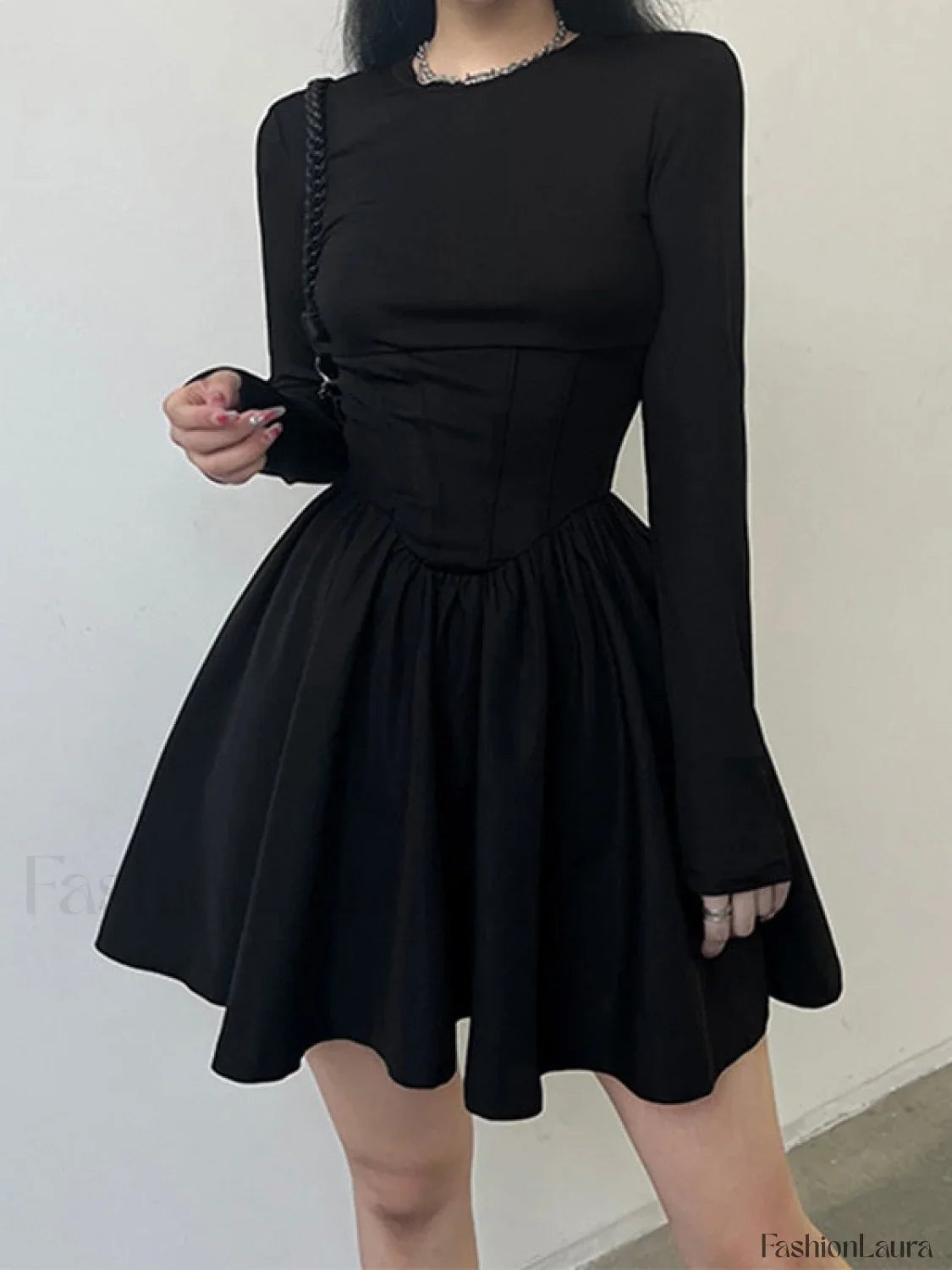 Corset Detail Black Long Sleeve Mini Dress