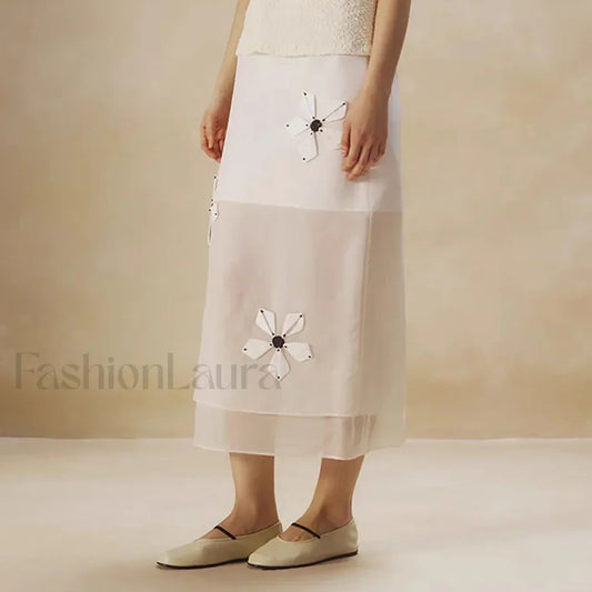 Cotton Floral Organza Slit Skirt
