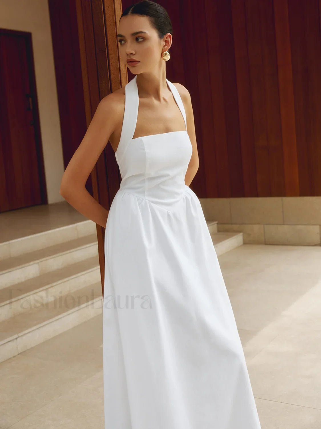 Cotton & Linen Halter Modern A Line Long Dress