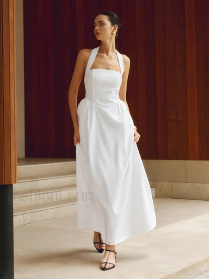 Cotton & Linen Halter Modern A Line Long Dress