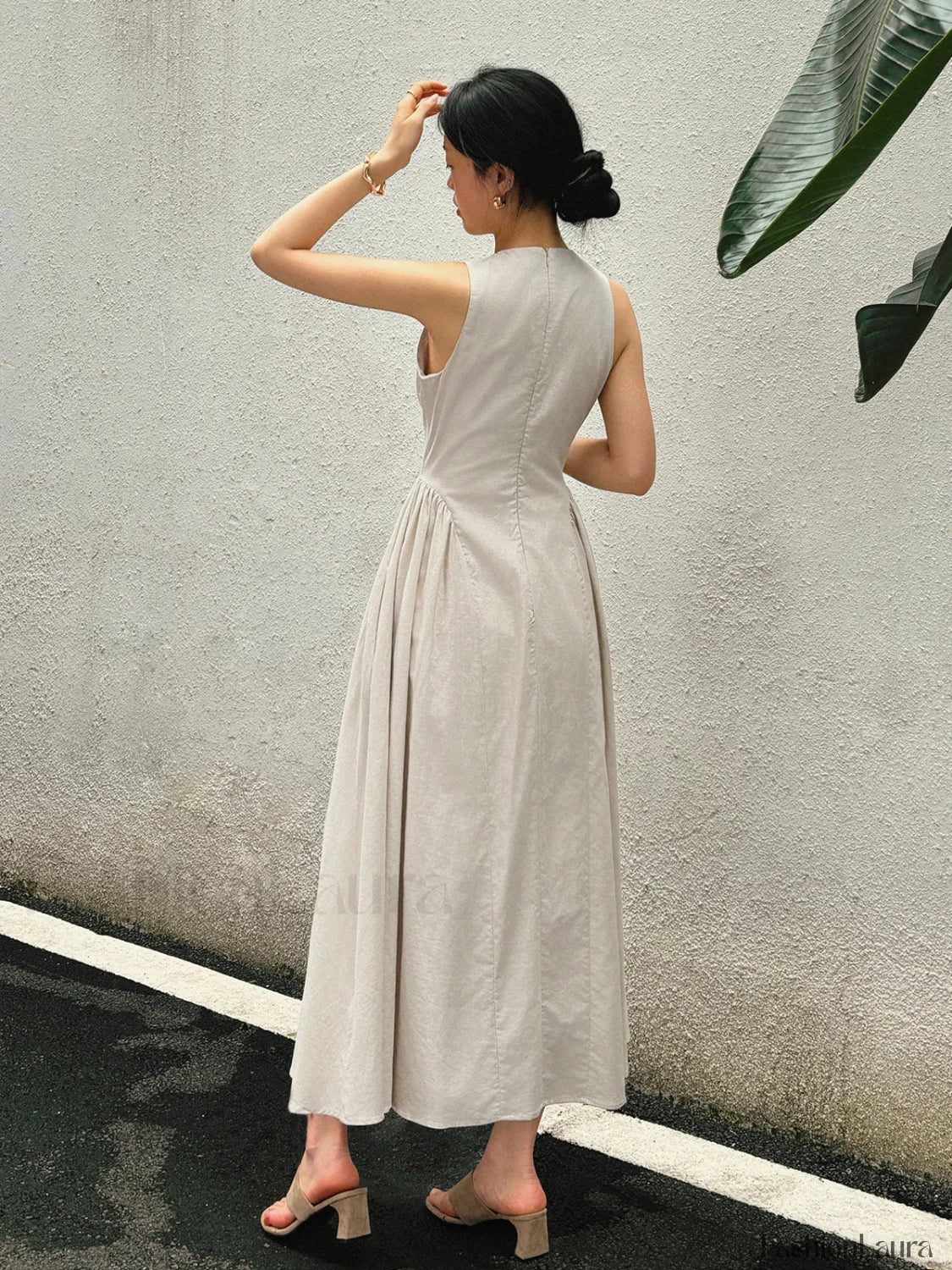 Cotton & Linen Pleated Cutout Long Dress