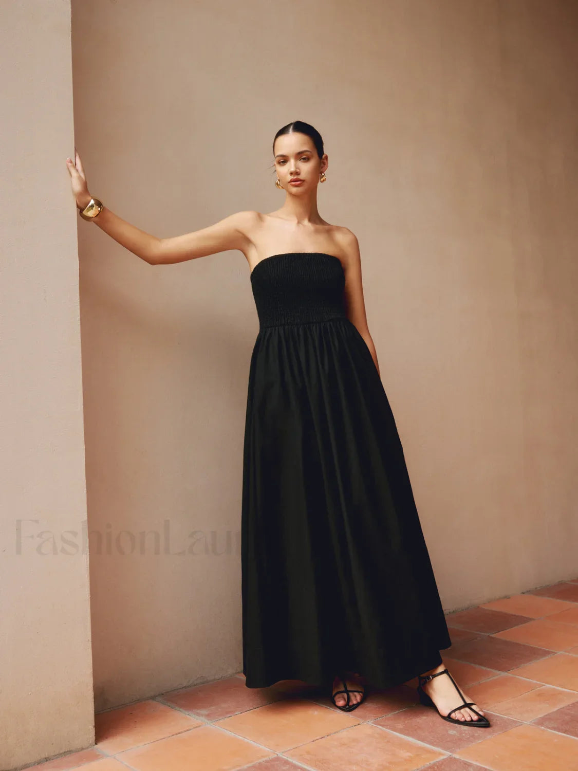 Cotton & Linen Trendy Pleat Strapless Long Dress