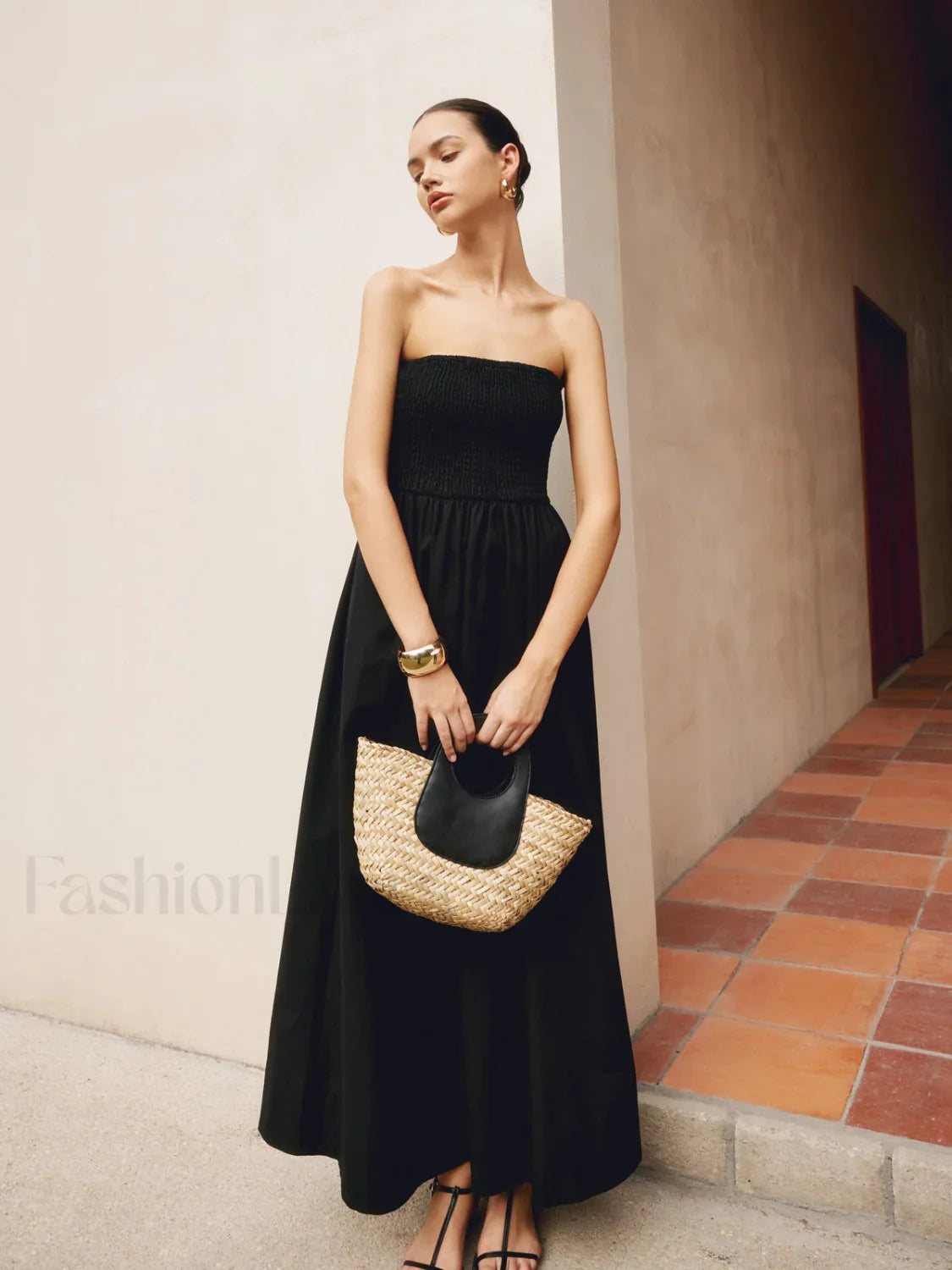 Cotton & Linen Trendy Pleat Strapless Long Dress