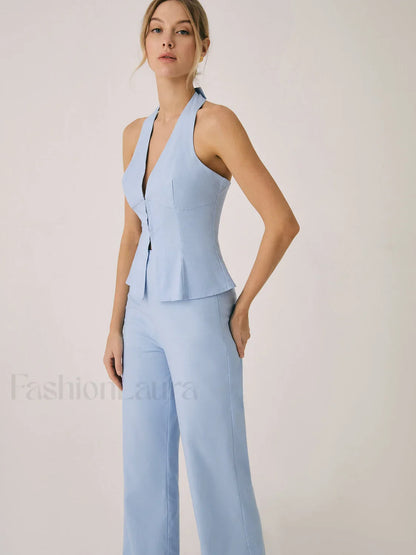 Cotton & Linen Vest Modern With Straight Leg Pants Set